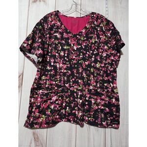 Landau Scrub Top Womens 2XL Black Pink Floral Print Short Sleeve Pockets Nursing